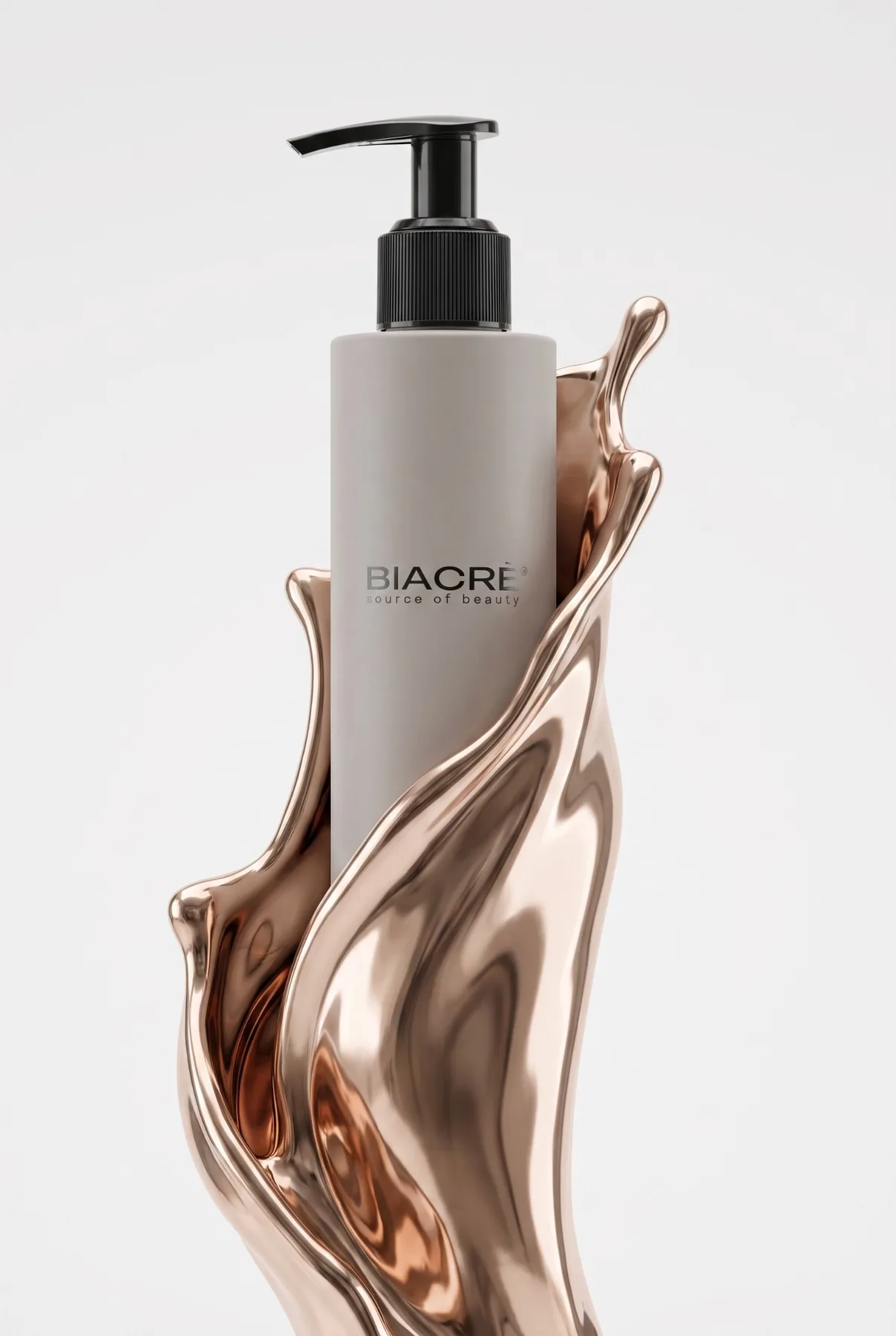 Creative personal care product photography featuring a haircare bottle surrounded by sculptural metallic liquid forms.