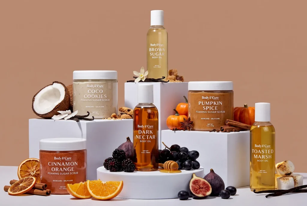 Body scrub jars and body oils arranged on white plinths with figs, oranges, coconut and spices – AI-enhanced product photography.