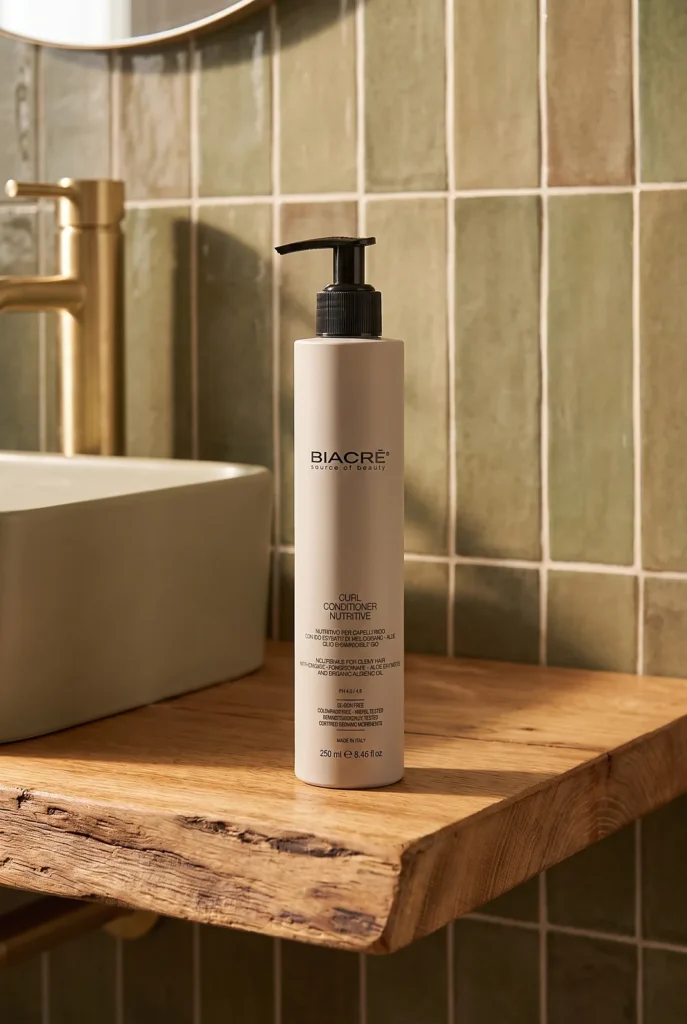 AI-enhanced lifestyle product photography UK – haircare pump bottle on a wooden bathroom shelf with green tiles and a brass tap.