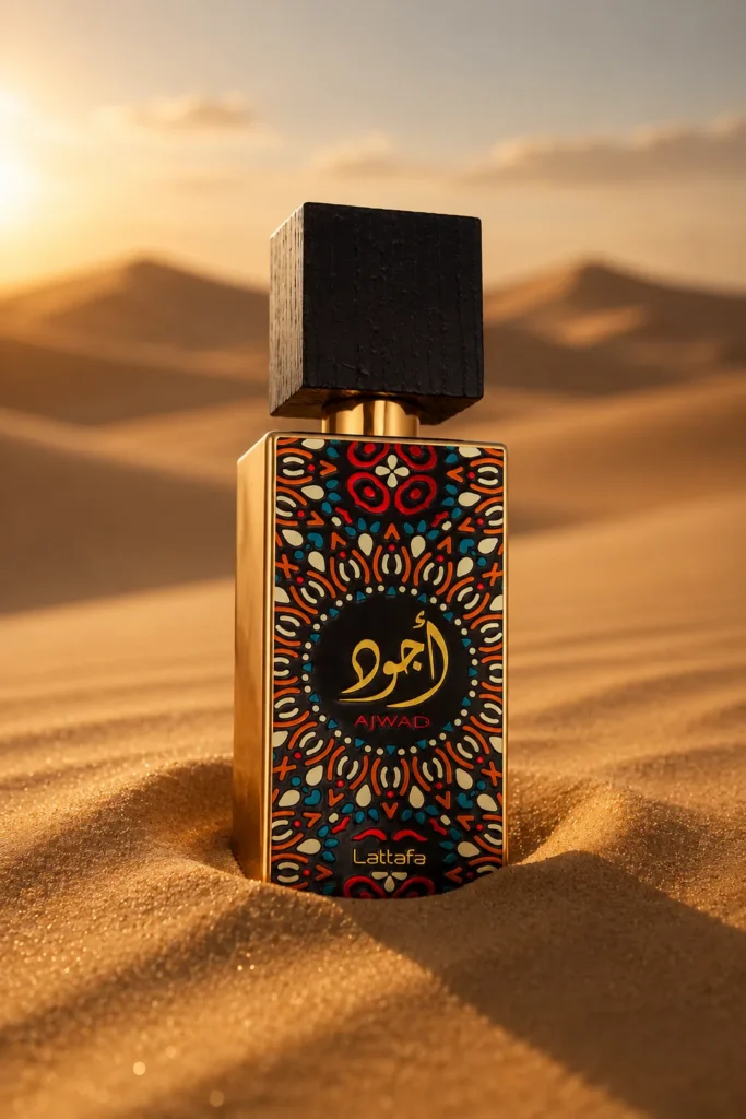 Patterned perfume bottle with a black wooden cap set in desert sand dunes at sunset, AI-enhanced lifestyle product image.