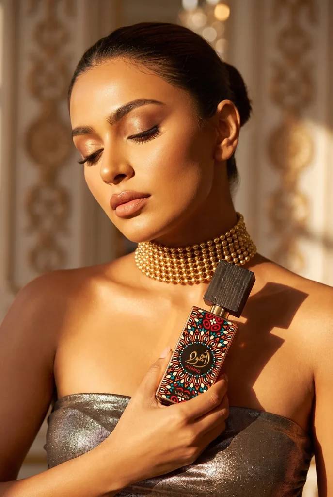 Model holding a patterned perfume bottle in warm golden light, an AI-enhanced lifestyle product photography scene.